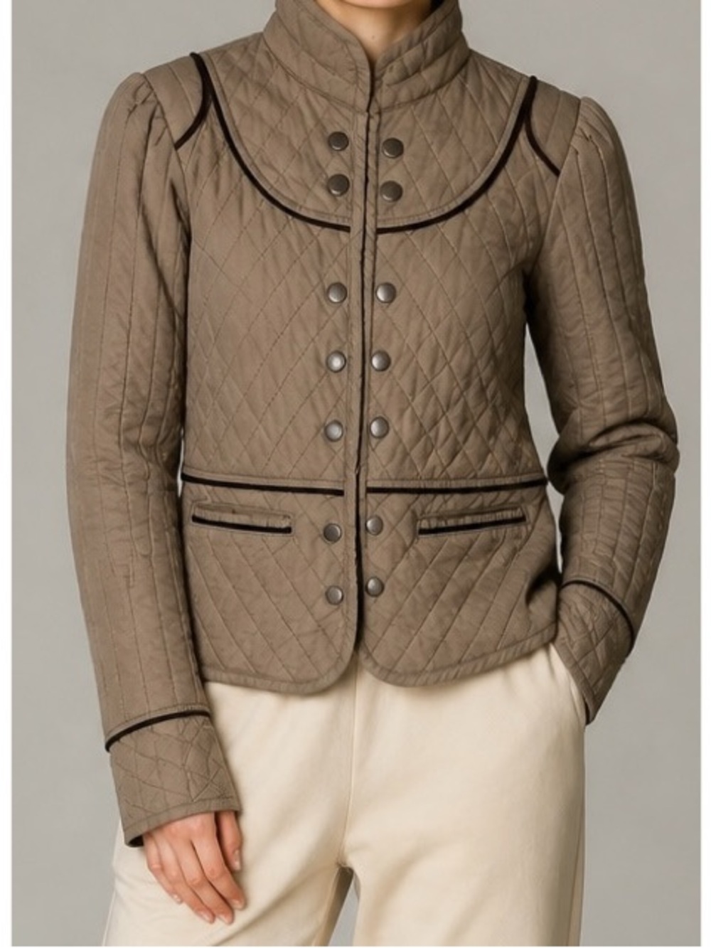 Tulle XS Vintage Taupe Brown Quilted Suede Trim Military Style Jacket